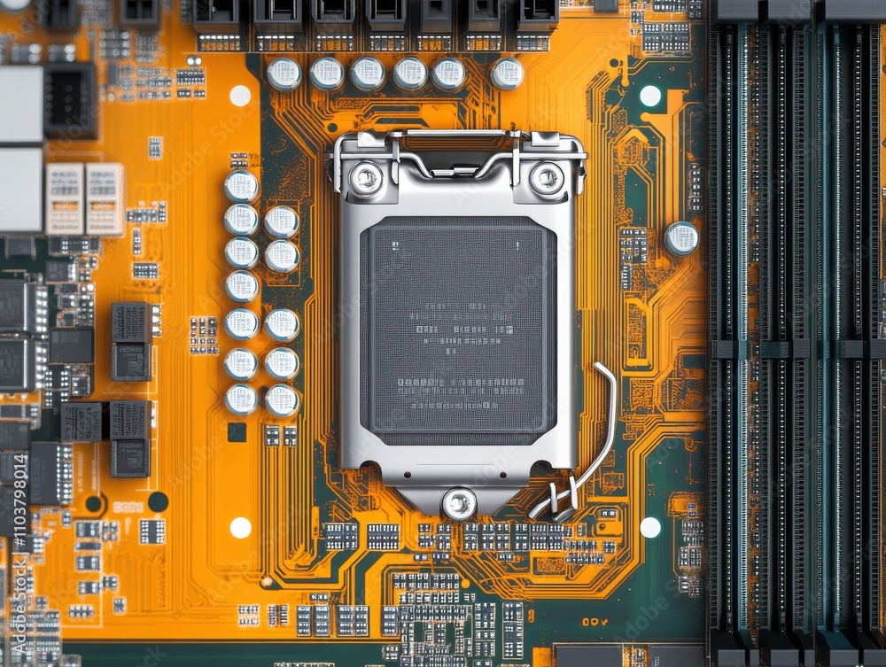 Poster close-up of a modern computer motherboard featuring a central processing unit with vibrant orange ci