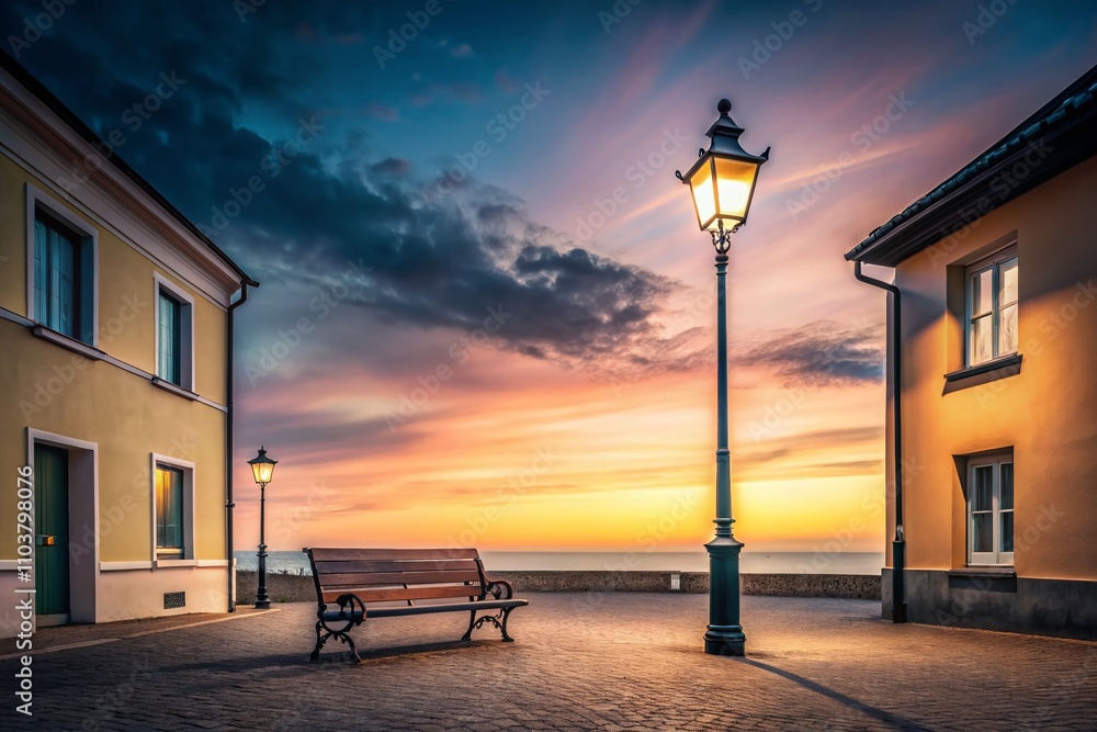 Poster Serene Minimalist Townscape at Dusk with Soft Colors and Simple Architecture Emphasizing Tranquility and Space