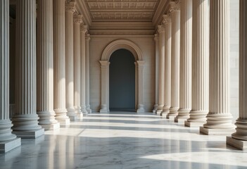 This stunning image captures a grand hallway lined with majestic columns, bathed in soft, natural light that creates a tranquil atmosphere. The intricate details of the architecture, combined with the