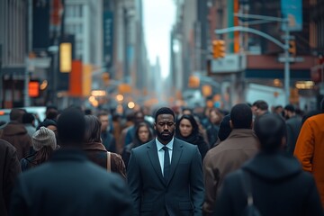 Businessman Walking Amidst Anonymous City Crowd, Daytime Perspective