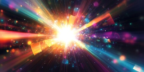 Obraz premium Explosion of vibrant light and color, featuring sharp, prismatic beams radiating from a central glowing point