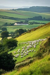 Obraz premium Rolling green hills, sheep grazing, farmhouse.