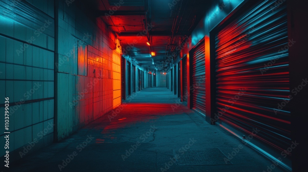 Poster mysterious urban corridor with neon lighting and dark shadows creating a unique atmospheric effect f