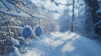 A snowy trail with a pair of ear warmers hanging on a tree branch, creating a serene winter vibe 