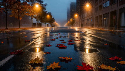 Evening raincoat reflections on a deserted city street with autumn leaves and fog