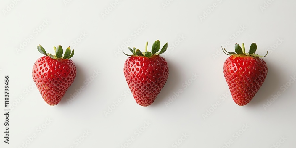 Poster three fresh strawberries arranged on a white background, showcasing the vibrant color and texture of