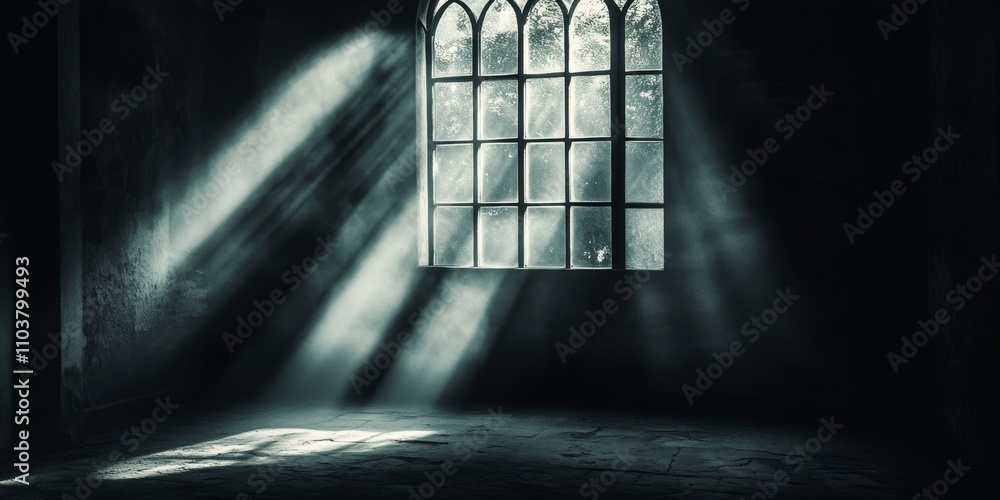Poster light rays streaming through a dark window create a dramatic ambiance. this toned photo captures the