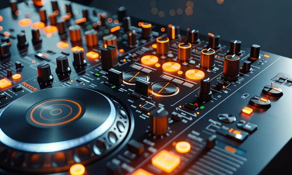 A close-up of a DJ mixer with illuminated knobs and buttons.