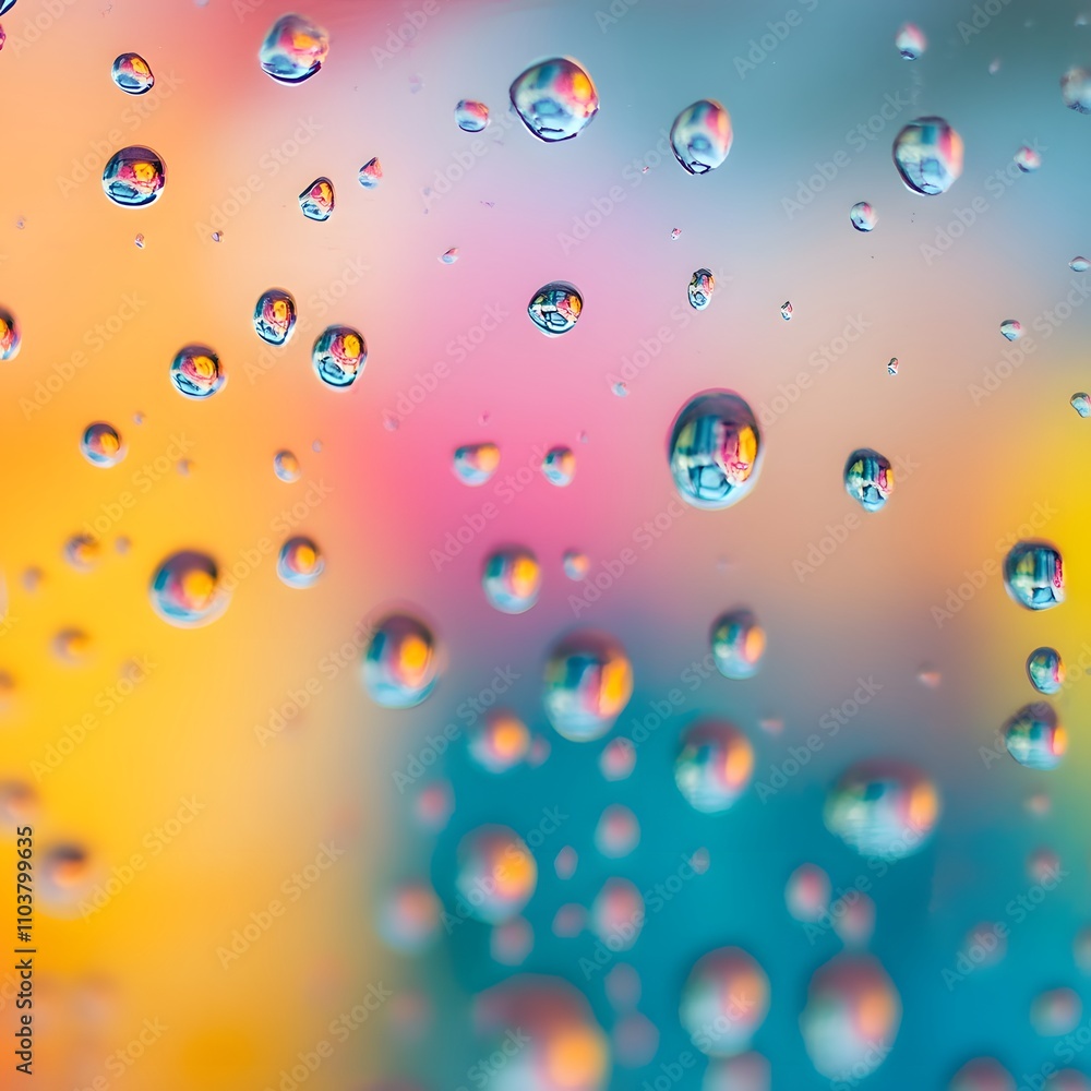 Poster vibrant water droplets creating a colorful abstract design on gradient.