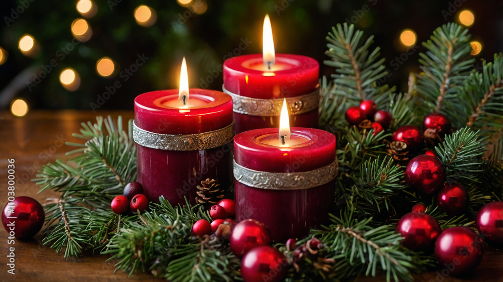 Wall mural Festive Candle Arrangement. Candles surrounded by pine branches, cranberries, and glittering ornaments	