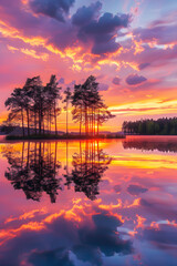 Obraz premium Serene Lakeside Sunset with Vibrant Sky Reflections and Silhouetted Trees