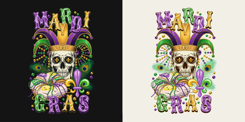 Composition with human skull in jester harlequin hat., traditional festival Mardi Gras food, beer and king cake. Peacock feathers, bead behind. T shirt graphics