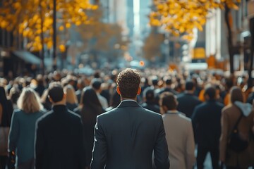 Businessman Walking Through City Crowd, Blurred Background