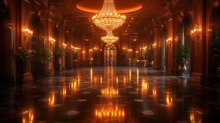 Fototapeta premium Here's a possible and keyword list for your stock photo.. Luxurious grand hall interior with ornate details, chandelier, and reflective floor.