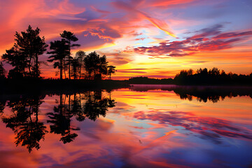Obraz premium Serene Lakeside Sunset with Vibrant Sky Reflections and Silhouetted Trees