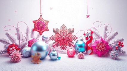 Whimsical abstract Christmas decorations on a snowy white background with colorful patterns, playful design, creative visuals