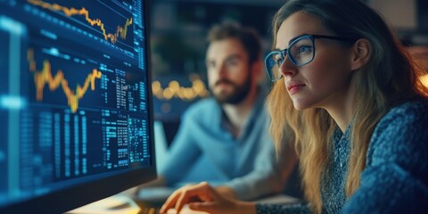 Broker trader business woman with glasses market analyst studding charts in front of computer display setup, financial technology concept