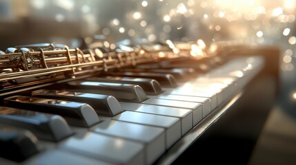 Close-up of a piano keyboard with a golden saxophone resting on the keys, bathed in warm light and...