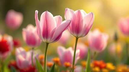Naklejka premium Spring meadow tulips, a burst of color close up.