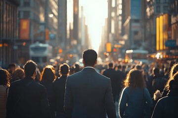 Obraz premium Businessman Walking, Bright Sunlight Urban Street Scene