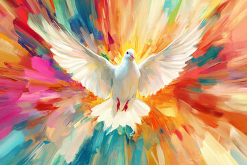 Obraz premium An abstract digital painting featuring the dove of the Holy Spirit, surrounded by a burst of vibrant, multicolored watercolor strokes. The doveâ€™s wings are spread wide, symbolizing divine power and