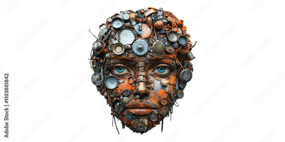 Poster face with embedded mechanical nails isolated on transparent background