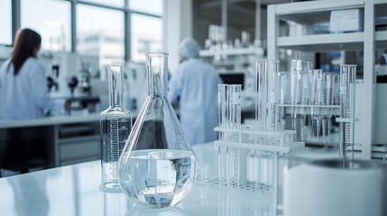 Modern scientific laboratory with glass beakers, flasks, and test tubes in foreground. Researchers in protective gear work diligently in background, showcasing cutting-edge research environment.