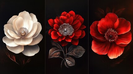 Elegant Triptych Featuring Creamy White and Rich Red Flowers