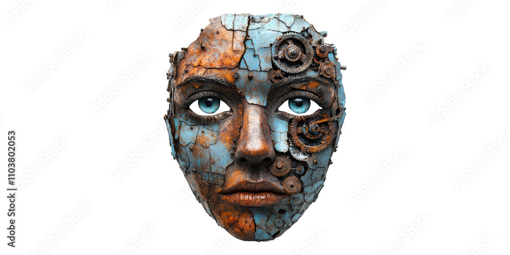 Poster mechanical face with rust accents isolated on transparent background