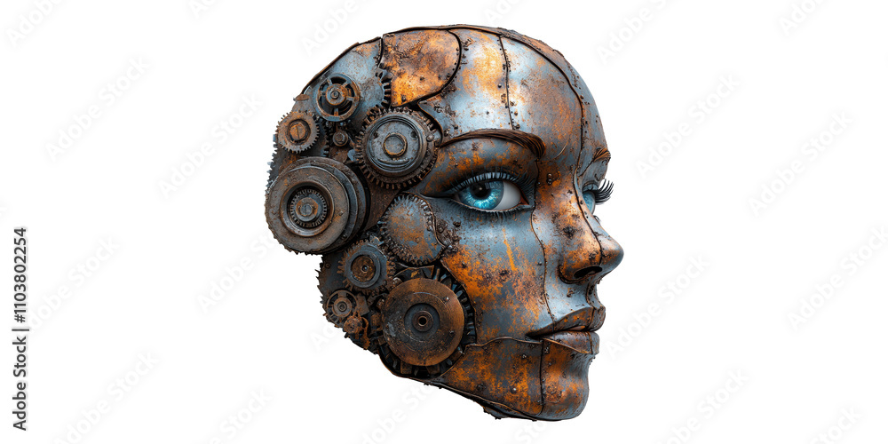 Poster mechanical face with circular gears isolated on transparent background