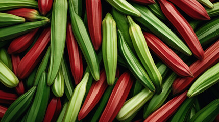 Fototapeta premium Close-up of a heap of fresh red and green okra, highlighting their vibrant colors and smooth, elongated shape in a natural arrangement.