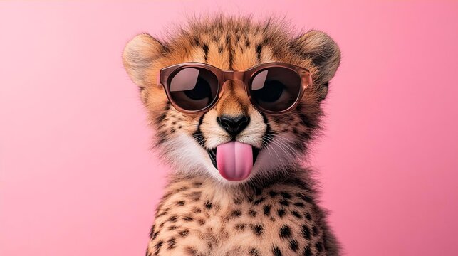 Cute Cheetah Cub Wearing Sunglasses on Pink Background