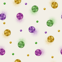 Seamless pattern with scattered Mardi Gras colorful coins, beads, halftone shapes. Holiday trinkets on white background. Vintage style illustration