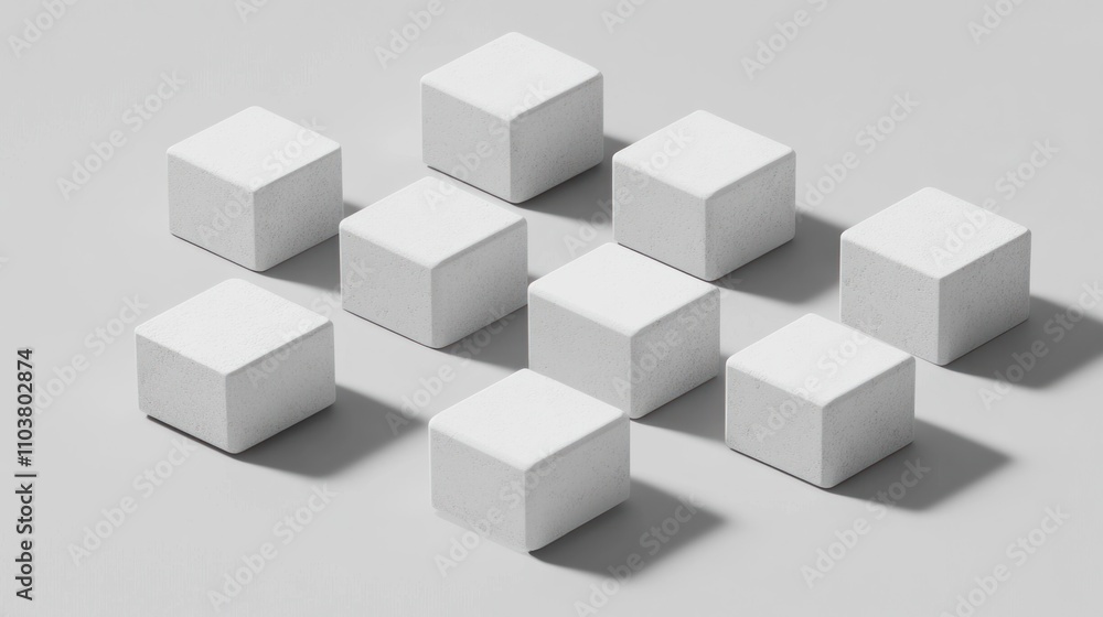 Aufkleber nine white cubes arranged in a grid pattern cast shadows on a light gray surface.