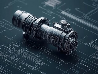 Advanced particle accelerator component, detailed blueprint visualization, 3D illustration
