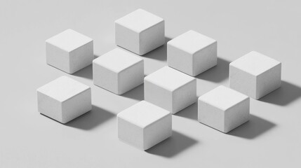 Obraz premium Nine white cubes arranged in a grid pattern cast shadows on a light gray surface.