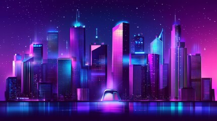 Vibrant urban night scene, skyscrapers illuminated with neon purple and pink lights, futuristic cyberpunk style 