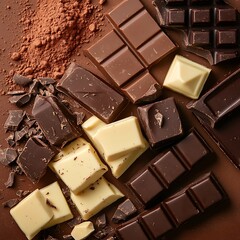 Pieces of chocolate bars and cocoa powder on a brown background