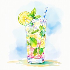 Abstract watercolor artwork of classic mojito cocktail with lime slice and mint sprig, refreshing summer drink, bar scene