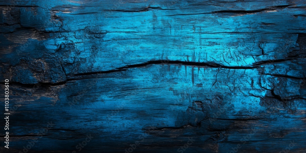 Poster scratched wood background with a barkless appearance illuminated by blue light, creating a unique vi