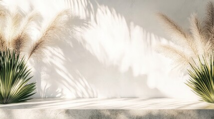 Obraz premium Minimalist beige background with pampas grass and palm leaves.