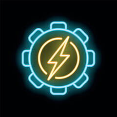 Neon sign showing a gear with a lightning bolt, representing concepts like energy, power, and industry