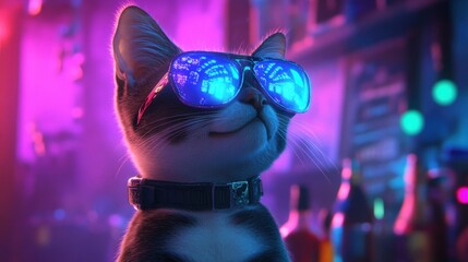 A Cool Cat Wearing Sunglasses in a Neon Bar with Colorful Lights and Bottles in the Background