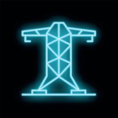 Neon icon of electricity pylon glowing on black background representing electric power industry