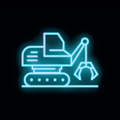 Blue neon icon of an excavator glowing against a dark background
