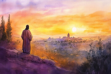Jesus standing at the Mount of Olives, looking over Jerusalem as the sun sets. Watercolor strokes of warm oranges and purples blend to capture the solemnity of the moment.