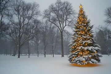 Snowy Christmas Tree: A majestic Christmas tree, adorned with twinkling lights, stands tall against a backdrop of snow-covered trees and a soft, wintery sky.