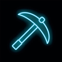 Glowing blue neon pickaxe shining on dark background