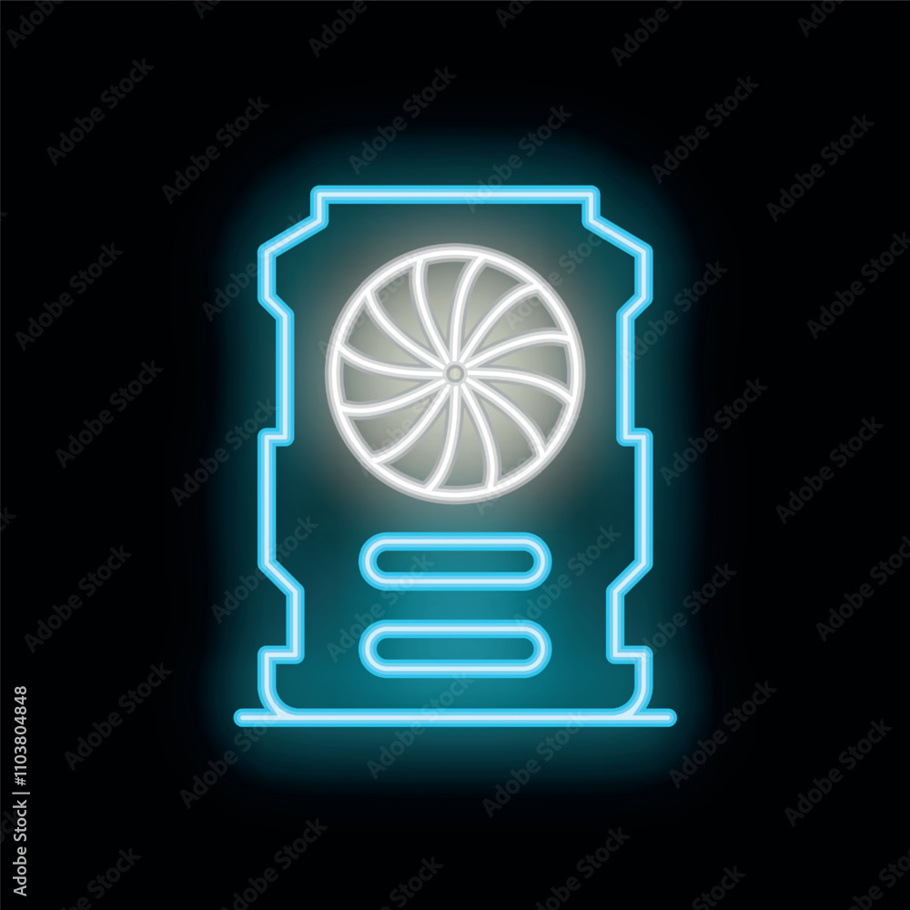 Poster neon glowing icon of a computer fan, cooling system or processor