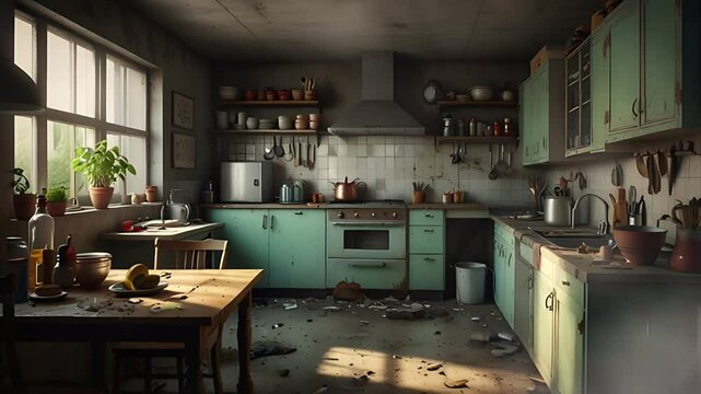A messy and dirty kitchen space. Seamless 4K looping timelapse video animation background